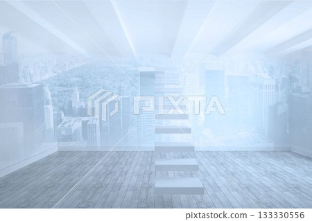 Flat design showing floating staircase ascending in minimalist room with wood floor and glass walls Flat design showing floating staircase ascending in minimalist room with wood floor and glass walls 133330556