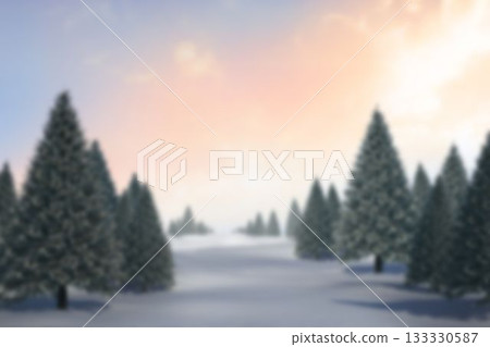 Evergreen trees standing on snow-covered ground in flat design, sky glowing pastel sunrise Evergreen trees standing on snow-covered ground in flat design, sky glowing pastel sunrise 133330587