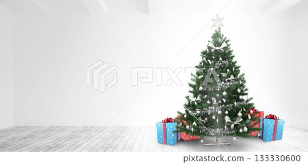 Flat design Christmas tree is standing on wooden floor with star topper, wrapped gifts, copy space 133330600