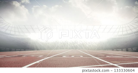 Red track lanes are stretching toward stadium in flat design with white lane markers under lights 133330604