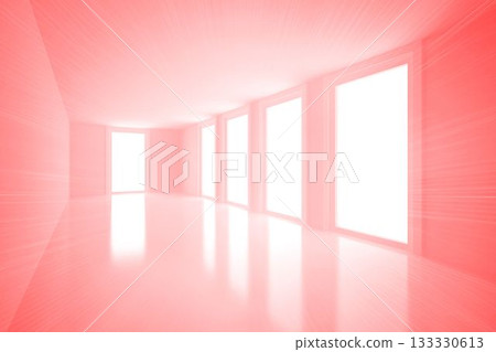 Flat design corridor is flooding reflective floor with pink glow through five tall windows 133330613