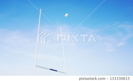 Rugby ball flying between posts 133330615