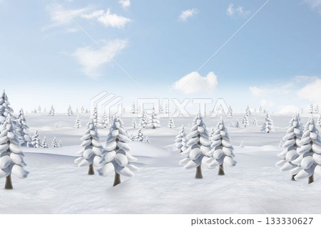 Cluster of snow-covered pine trees is standing in flat design winter landscape, blue sky background Cluster of snow-covered pine trees is standing in flat design winter landscape, blue sky background 133330627