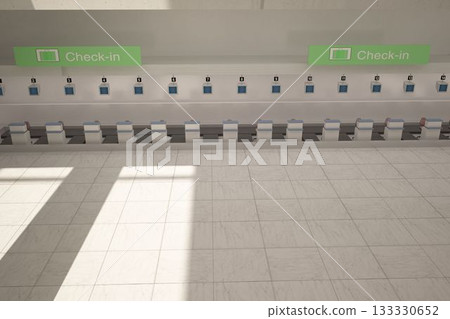 Numbered self-service check-in kiosks are being shown in flat design airport hall with green signs Numbered self-service check-in kiosks are being shown in flat design airport hall with green signs 133330652
