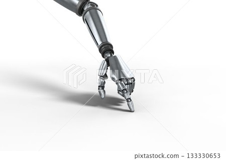 Gray metallic robotic hand pointing 133330653