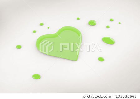 3D render is showing glossy green liquid heart and scattered droplets on white surface 3D render is showing glossy green liquid heart and scattered droplets on white surface 133330665