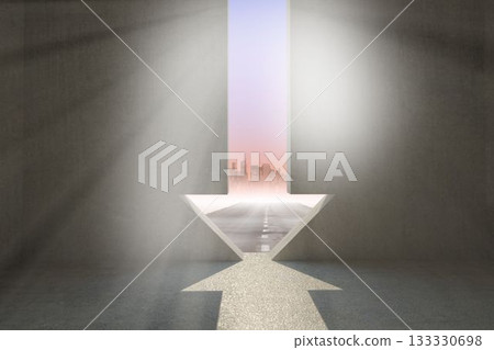 Flat design showing arrow-shaped opening in concrete chamber, framing asphalt road and skyline 133330698
