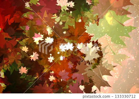 Abstract illustration is showing layered translucent maple leaf shapes glowing with autumn speckles 133330712