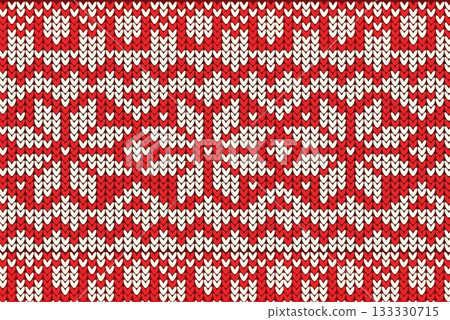 Red and white knitted pattern is repeating in flat design with heart and snowflake motifs 133330715