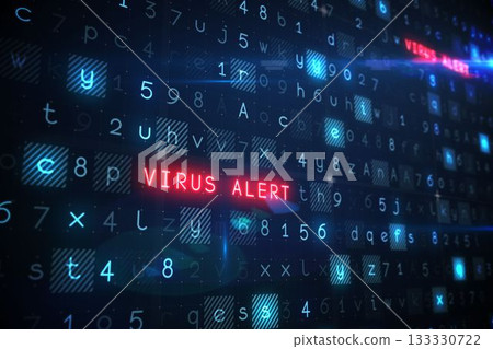 Red VIRUS ALERT text is glowing in 3D digital interface with floating code, glowing grid squares 133330722