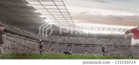 flat design athlete wearing red jersey is sprinting on pitch with flying turf debris under roof 133330724