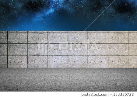 Flat design featuring concrete tiled wall stretching across ground showcasing star-filled night sky Flat design featuring concrete tiled wall stretching across ground showcasing star-filled night sky 133330728