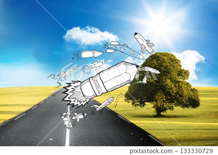 Drawn pencil rocket in front of countryside 133330729