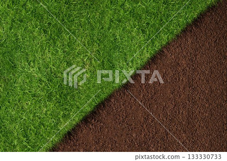 Flat design illustration is showing diagonal split between vibrant green grass and rich brown soil 133330733