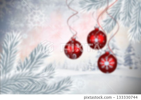 Baubles hanging over christmas scene 133330744