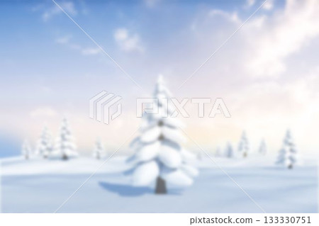 Winter scene featuring snow-laden conifer trees on rolling hills under pastel sky, flat design 133330751