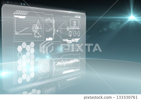 Floating holographic interface panel in space, showing line graphs, hex-grid, gauges in 3D render Floating holographic interface panel in space, showing line graphs, hex-grid, gauges in 3D render 133330761