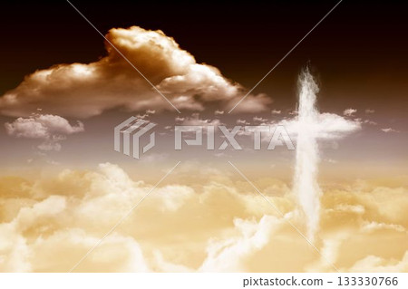 Cross-shaped cloud is rising above cloud mass and puffy clouds under sunrise sky in flat design 133330766