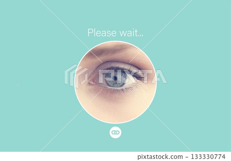 Female eye is being shown in flat UI, featuring circular frame, "Please wait" text, link icon Female eye is being shown in flat UI, featuring circular frame, "Please wait" text, link icon 133330774