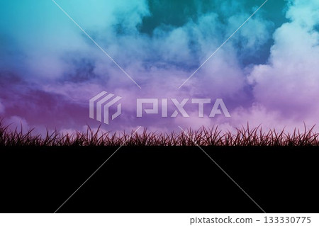 Grass silhouette stretching across flat design horizon under gradient sky with drifting clouds 133330775