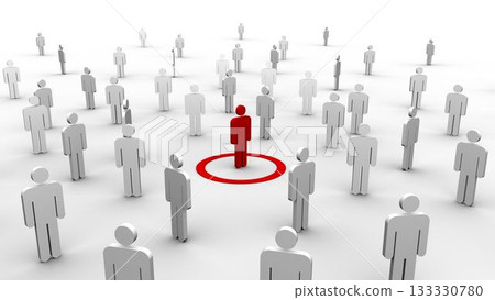 Red silhouette is standing on red target in 3D illustration, surrounded by grey and white avatars 133330780