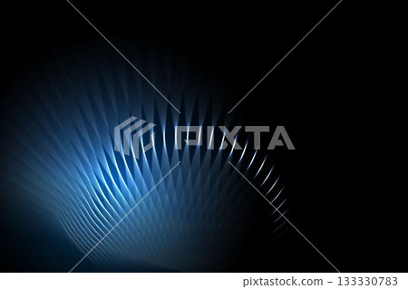 Illuminated abstract wave-like diamond grid is being shown in dark 3D render under soft blue glow 133330783