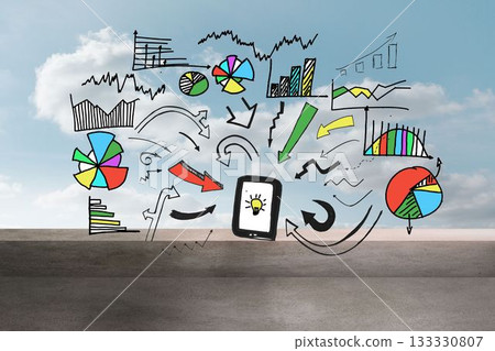 Colorful graphic over balcony and sky 133330807