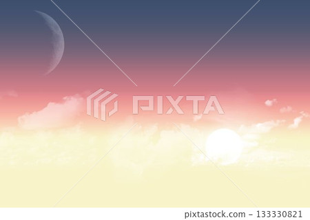Flat design sky is transitioning navy to yellow, featuring crescent moon, low sun and soft clouds 133330821