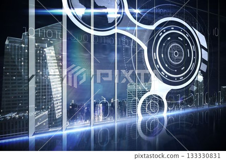 Hologram interface in office overlooking city 133330831