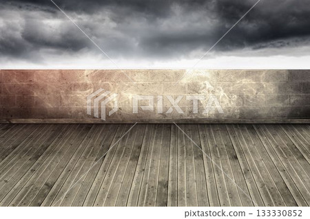 Empty terrace is extending wooden deck toward stone wall under stormy sky in flat design Empty terrace is extending wooden deck toward stone wall under stormy sky in flat design 133330852