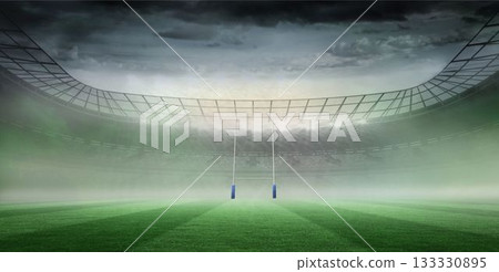 Rugby goalposts are standing on foggy green pitch in flat design, with floodlights and roof grid 133330895