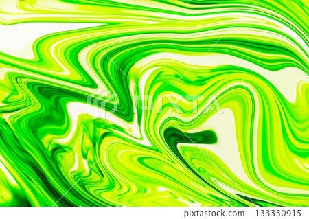 Green and yellow fluid swirling and flowing in flat design, marbling motion, transparent background 133330915
