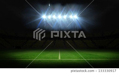 Six stadium floodlights are shining over flat design night pitch with white center line and stands Six stadium floodlights are shining over flat design night pitch with white center line and stands 133330917