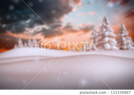 Single large snow-laden evergreen tree is featuring snowflakes and snowdrifts in flat vector design 133330987