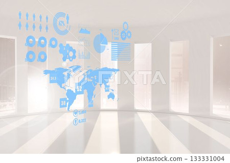 3D render curved glass room presenting translucent blue holographic data with world map charts 3D render curved glass room presenting translucent blue holographic data with world map charts 133331004