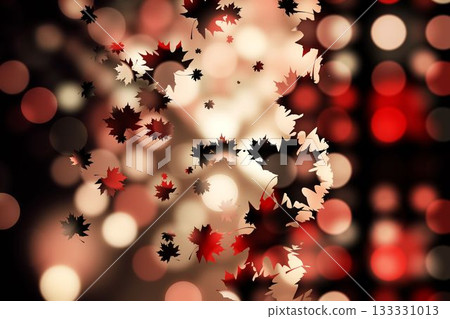 Abstract composition showing red black beige maple leaves scattering over warm bokeh orb backdrop Abstract composition showing red black beige maple leaves scattering over warm bokeh orb backdrop 133331013