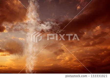 Sunset sky is showing vertical bright cloud column crossing horizontal wisp in flat design 133331021