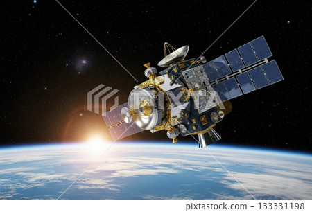Artificial satellite orbiting planet Earth in cosmic environment surrounded by stars with advanced technology for communication and research representing science innovation and exploration progress 133331198