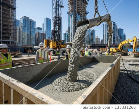 Wet concrete being poured into container during construction project in urban site under daylight showing industrial building process and structural development 133331266