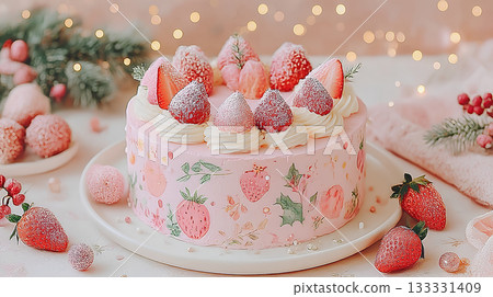 草莓蛋糕和冬季裝飾的甜點圖片 133331409