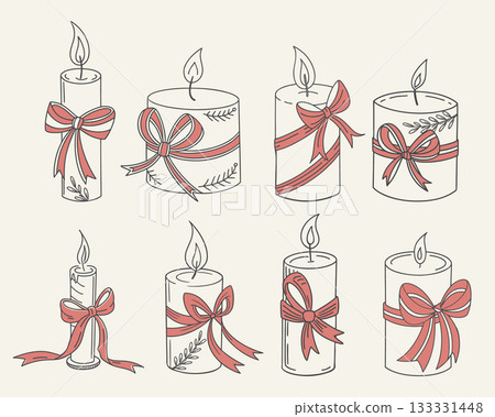 Collection of cute candles with festive red bows. Decorative elements for Christmas and other holidays. 133331448
