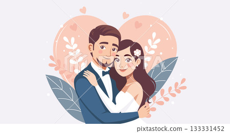 Happy wedding couple embracing on pink heart background with flowers. Illustration. 133331452