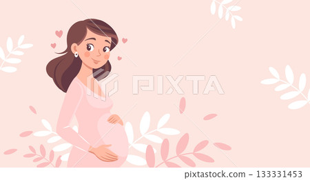 Cute expectant mother  with flowers on pink background with flowers. Pregnant woman illustration. 133331453