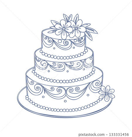 Romantic elegant three tier wedding cake with flowers and swirls. Sketch. 133331456
