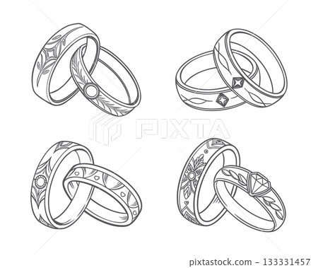 Collection of romantic decorative wedding and engagement rings. Line art. Black and white sketch. Collection of romantic decorative wedding and engagement rings. Line art. Black and white sketch. 133331457