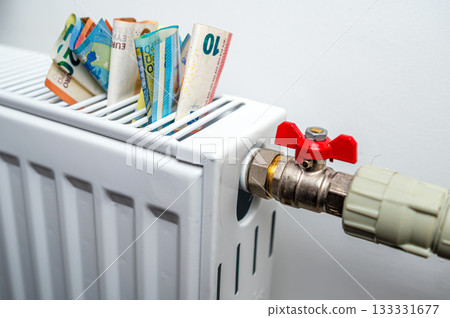 euro banknotes in a central heating radiator, the concept of expensive heating costs, closeup euro banknotes in a central heating radiator, the concept of expensive heating costs, closeup 133331677
