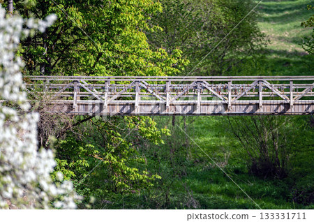 Wooden pedestrian bridge over a ravine, selective focus, focus on the bridge Wooden pedestrian bridge over a ravine, selective focus, focus on the bridge 133331711
