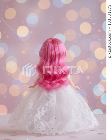 Magical photo. A doll in a white dress with pink hair stands with her back against a magical bokeh background 133331875