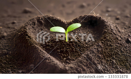 A young green sprout emerges from dark soil that has been hand-formed into the shape of a three-dimensional heart. 133331878