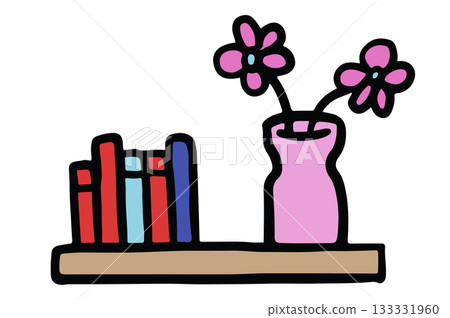 Cute hand drawn illustrations of book shelf, flowers in a vase for furniture, house, interior, room design, living room, bedroom, hobbies, lifestyle, sticker, department store, decoration, interior Cute hand drawn illustrations of book shelf, flowers in a vase for furniture, house, interior, room design, living room, bedroom, hobbies, lifestyle, sticker, department store, decoration, interior 133331960
